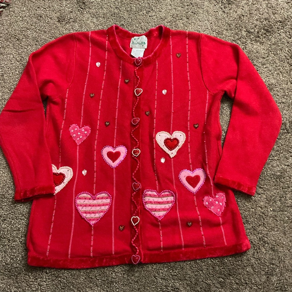 Quacker Factory Red Heart Cardigan Sweater M